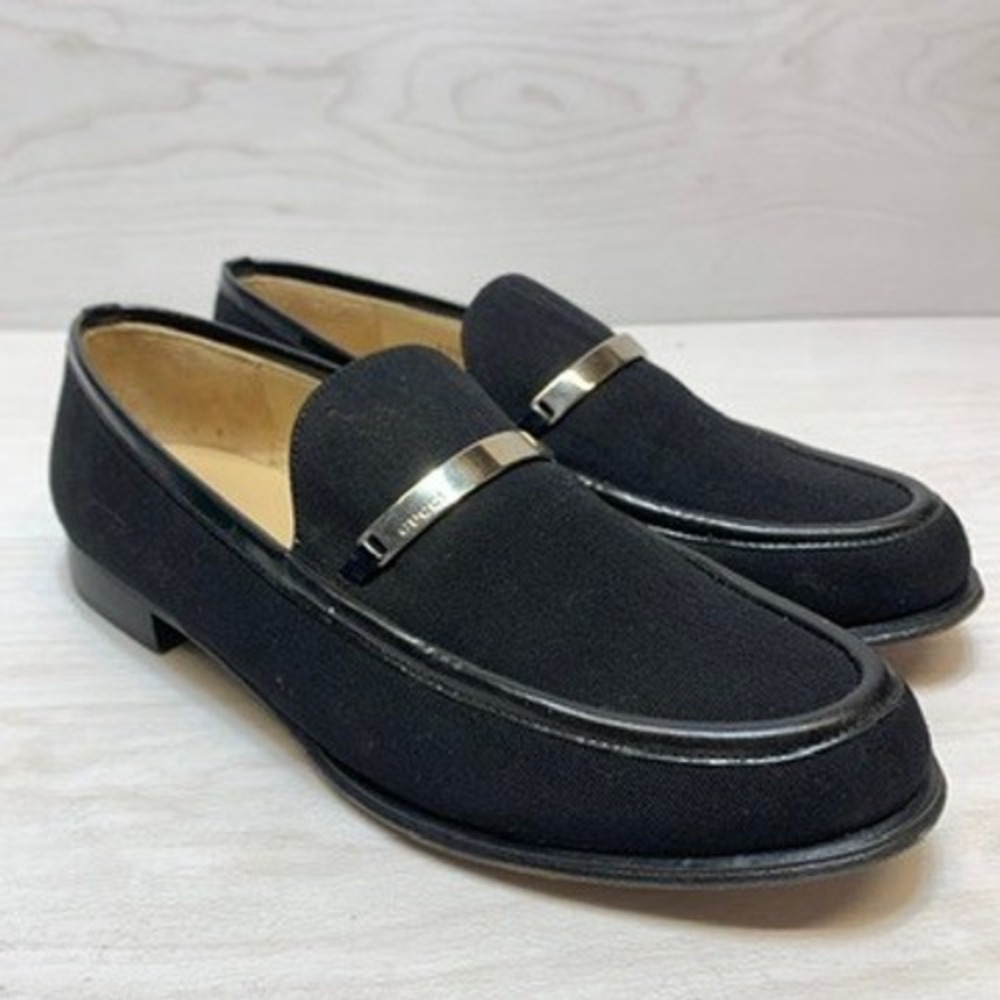 Gucci Womens 5.5B Loafers Canvas Silver Bar‎ Black Made in Italy Slip On Shoes